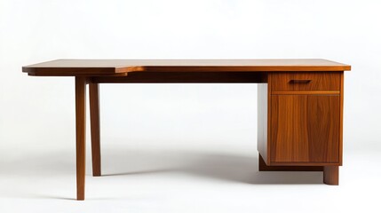 Modern wooden desk against white background, studio shot, for office or home use