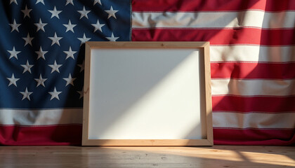 Blank picture frame against American flag background