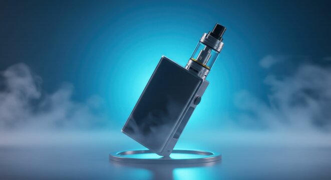 Modern vaping device with e-liquid tank on a smoky blue background