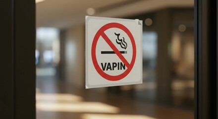 No vaping sign on glass door in public building hallway