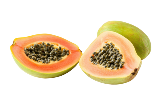Freshly cut papaya showcasing vibrant orange flesh against a bright white background isolated on transparent background