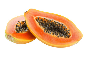 Freshly sliced ripe papaya with vibrant orange flesh and glossy black seeds on white isolated on transparent background