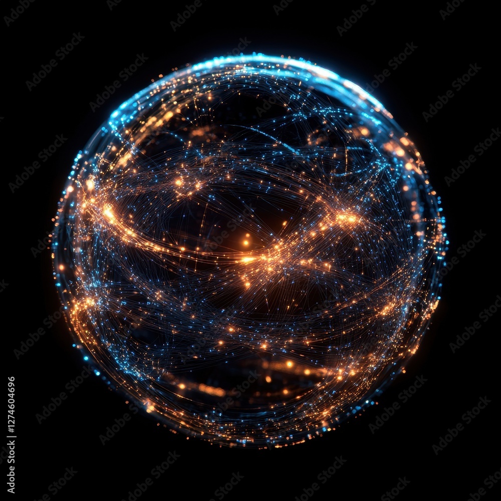 Poster illuminated sphere: conceptual digital globe with dynamic particles and energy flow