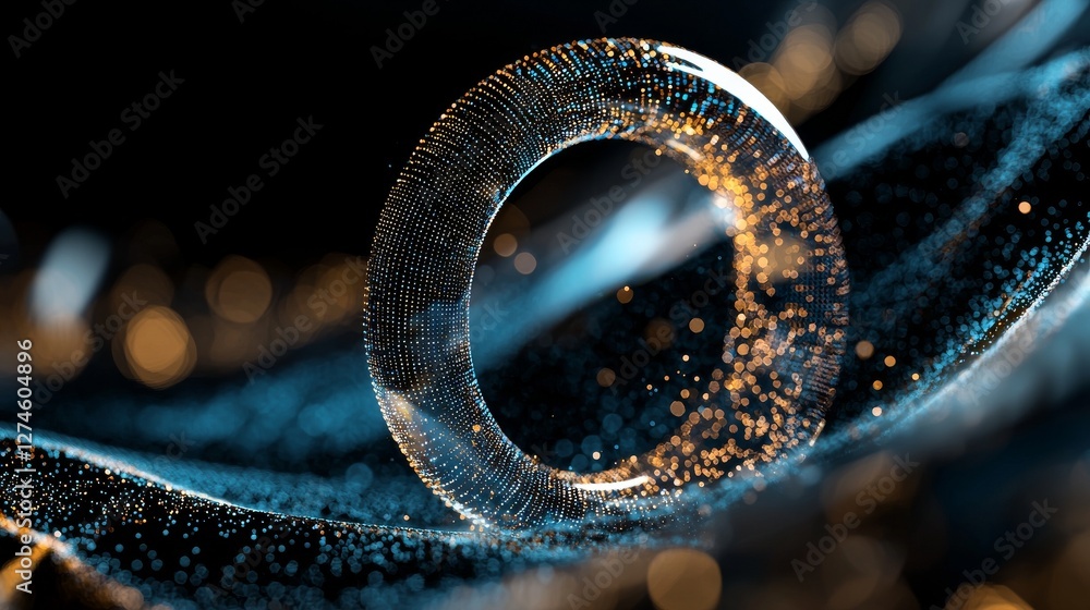 Poster blockchain technology network features a polygon torus donut on a hud background, symbolizing global