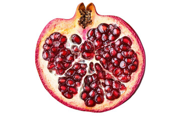 Vibrant pomegranate split open reveals juicy seeds and rich textures in its natural form isolated on transparent background