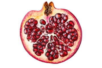 Vibrant pomegranate split open reveals juicy seeds and rich textures in its natural form isolated on transparent background