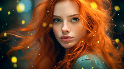 Portrait of a beautiful young girl with wavy red hair, blue eyes, cute freckles, slightly open mouth, plump lips and expressive gaze. Portrait of a sexy girl