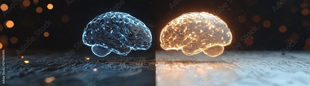 Poster the idea of a human brain on a microchip and mainboard is illustrated through 3d rendering stock, in