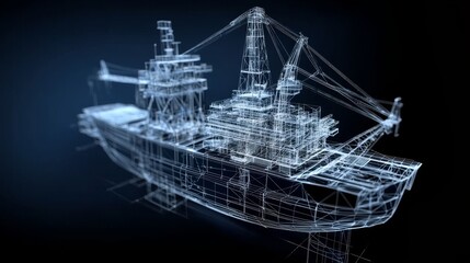 Innovative design of a futuristic oil rig is showcased through a digital rendering on a dark background, complete with a HUD display and classified as a stock illustration of advanced engineering