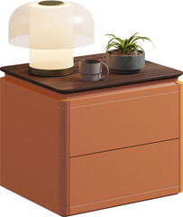 Perspective view of wooden bedside table with table lamp
