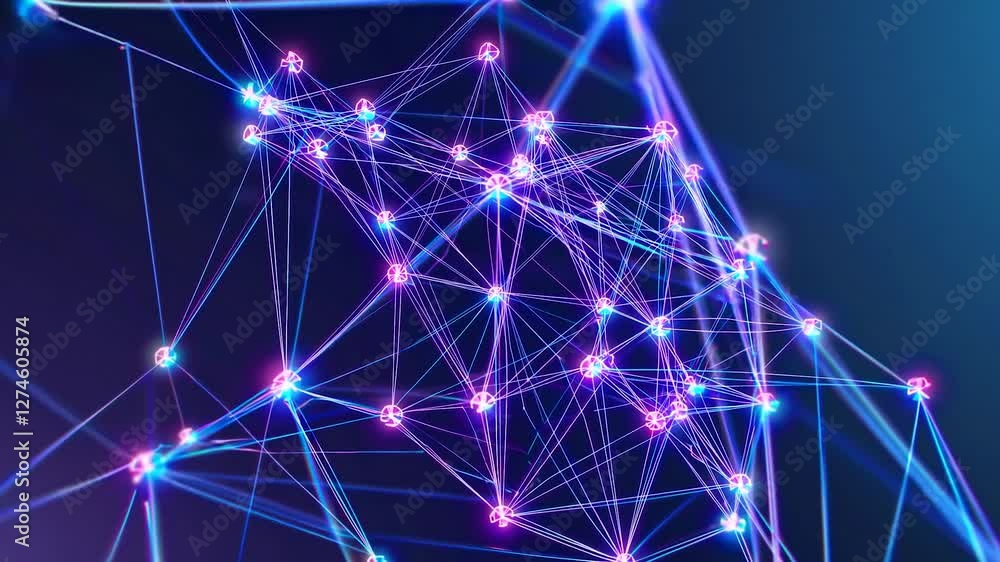 Poster glowing lines and dots forming a plexus representing internet connections, neural networks, or other