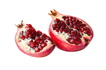 Pomegranate halves revealing juicy seeds glistening under bright light isolated on transparent background