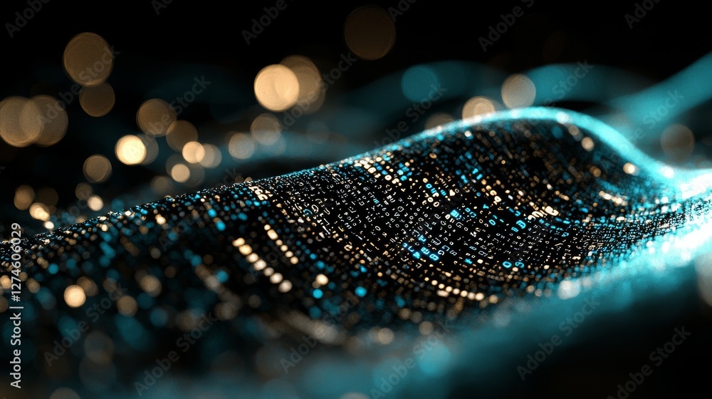 Poster digital grid line and stock technology icon set against a black abstract background with a futuristi