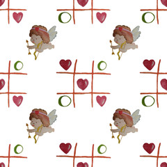 seamless hand drawn watercolor hand drawn painting background with hearts xoxo and cute cupid,Happy valentine day concept. design for background,tile, textile,rug, wallpaper, clothing, wrap, fabric