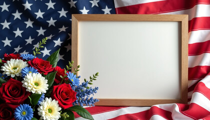 Empty frame with red, white, and blue flowers against flags