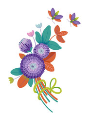 Red clover flowers and butterflies. Bouquet with flowers, buds, leaves and green ribbon