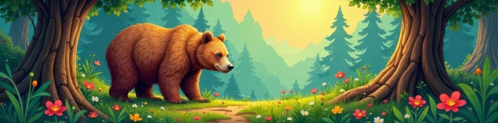 Fototapeta premium Warmly illustrated bear in a forest setting with hand-drawn elements, animal, illustration