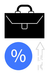 Black briefcase symbolizing work, blue percentage icon, and an upward arrow indicating growth and progress. Ideal for business strategy, financial success, career growth, investments, economics