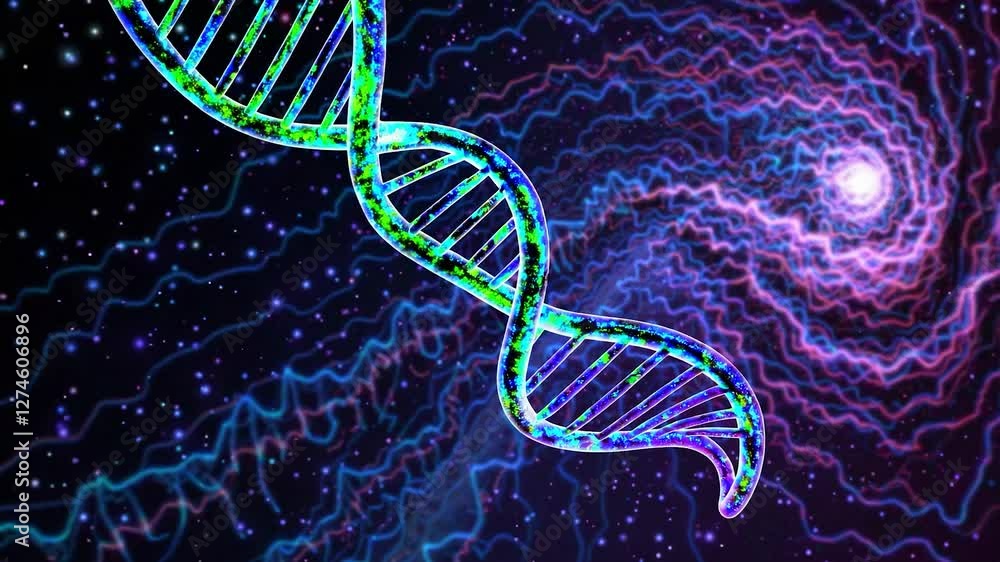 Poster colorful dna helix rotating in a cosmic background with glowing energy waves and particles, represen