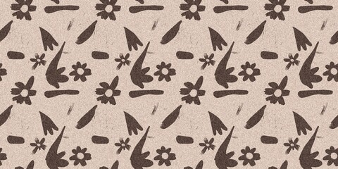Mocha brown linen floral patterns seamless patterns border design. Endless textured flower graphic ribbon edge. Mottled soft natural calm mood for cottage core banners.