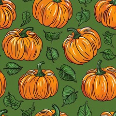 Seamless pattern with pumpkins on green background, Ai Generated