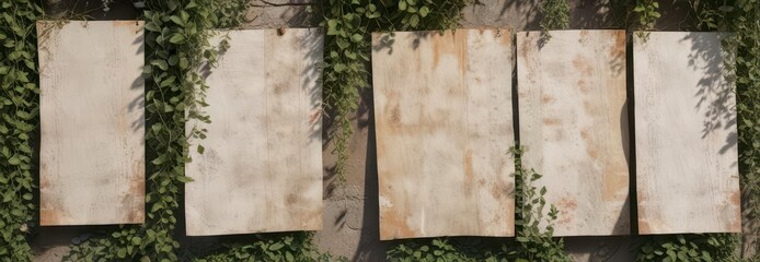 Weathered outdoor poster wall with multiple glued papers and vines ,  outdoor decor,  natural elements