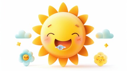 Obraz premium Adorable sun icon with a baby face, holding a pacifier, isolated on white