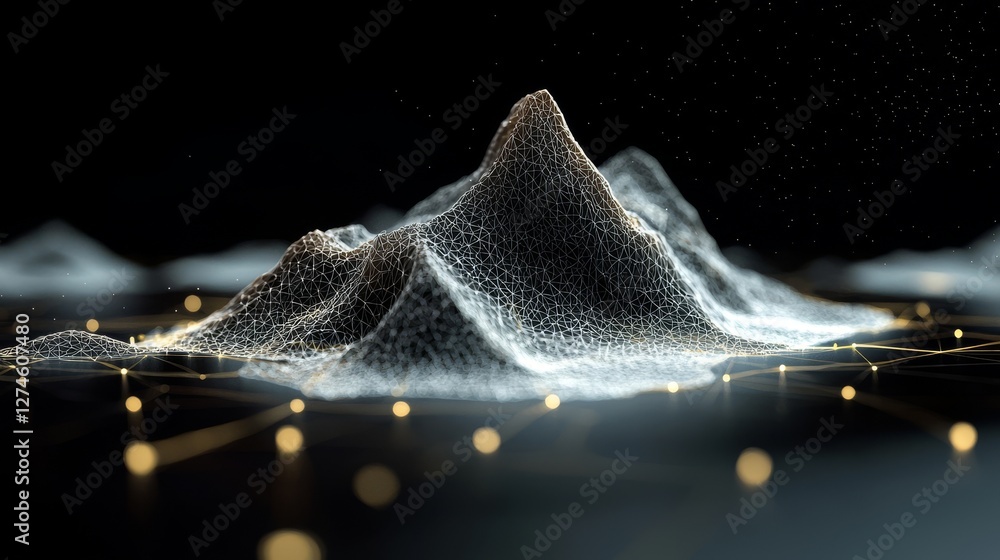 Poster the illustration depicts a tech wireframe landscape with topographic elements in 3d abstract, featur