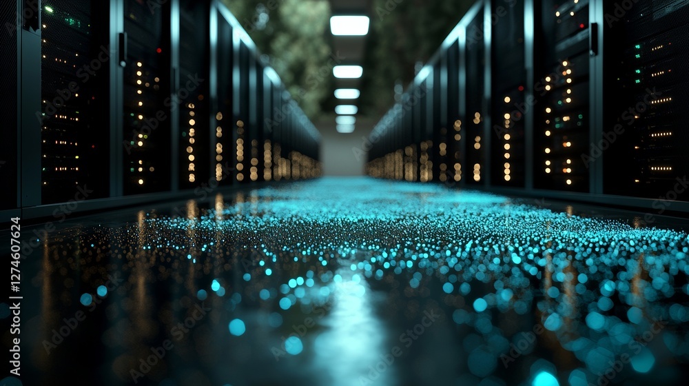 Poster the corridor of a working data center is captured, packed with rack servers and supercomputers, and 