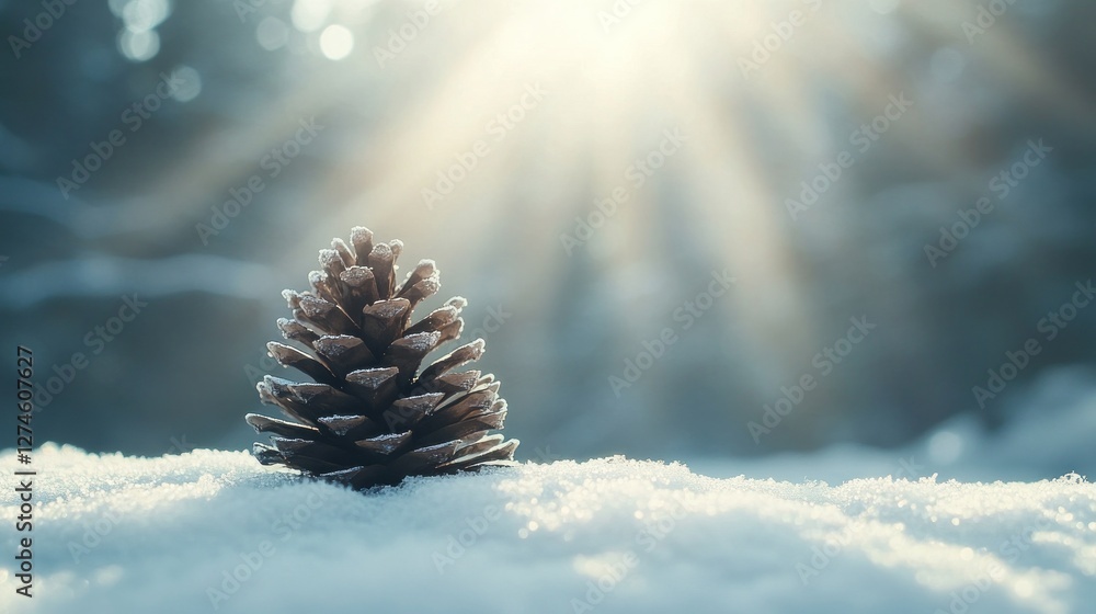 Aufkleber a close-up captures a pine cone resting gently on a soft blanket of snow illuminated by soft winter 