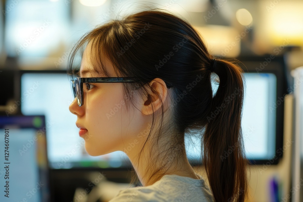 Poster focused developer: young asian woman in glasses debugging code on computer, back view in urban it en