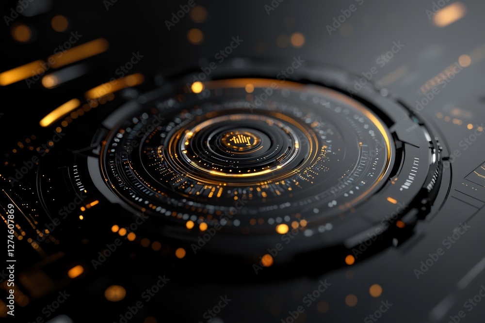 Poster the image depicts a hologram on a dark technology background, combined with an illuminated digital t