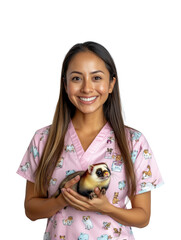 Smiling veterinarian holding a cute ferret, wearing pink animal-print scrubs on transparent background