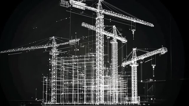 Digital wireframe of cranes and buildings, viewed from a low angle. Futuristic and technical style, ideal for a construction video concept.
