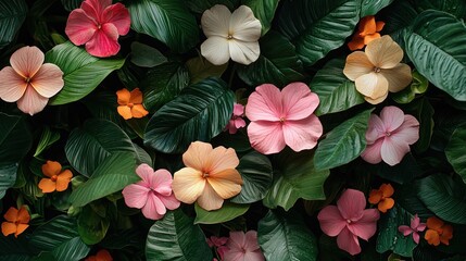 Vibrant Flowers and Lush Green Tropical Leaves