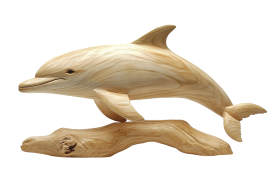 Elegant wooden dolphin sculpture gracefully leaping over driftwood on a bright background isolated on transparent background