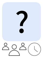 Question mark hovering above stick figures and clock symbolizing teamwork, decision-making, time prioritization. Ideal for project planning, task delegation, deadlines, collaboration, uncertainty
