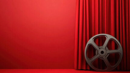 Red curtain backdrop features a vintage film reel and clapperboard providing an ideal setting for showcasing cinematic themes. Perfect for presentations invitations or promotional materials