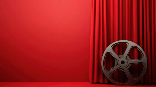 Red curtain backdrop features a vintage film reel and clapperboard providing an ideal setting for showcasing cinematic themes. Perfect for presentations invitations or promotional materials