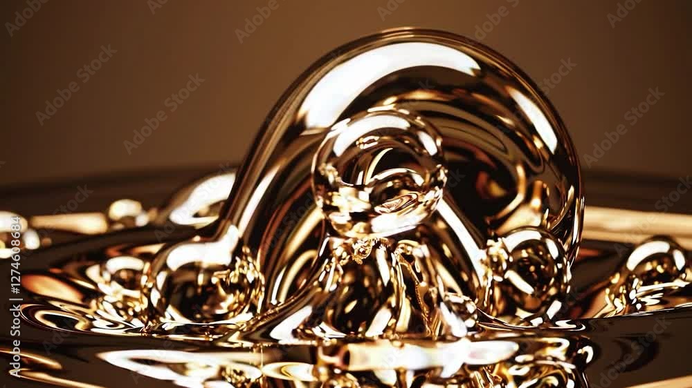 Poster abstract golden liquid splashing, swirling, and forming reflective spheres, creating a dynamic and v