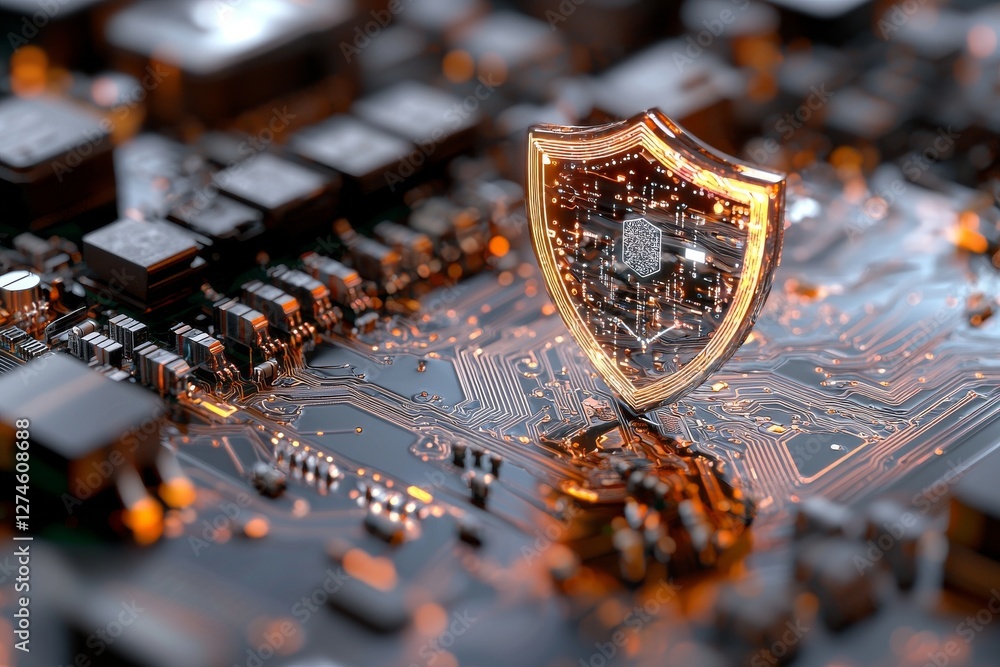 Poster a protection shield displaying binary code set against a grey background, symbolizing data security,