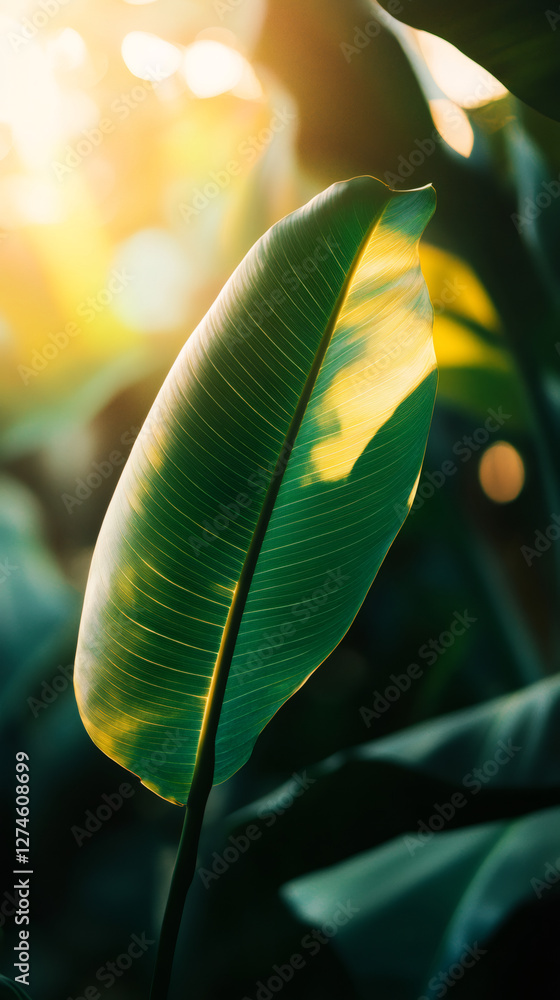 Poster large green leaf backlit by golden sunlight, creating a vibrant and luminous effect in a tropical se
