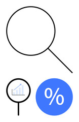 Magnifying glass in three styles, focusing on growth chart with upward arrow and percentage symbol. Ideal for financial analysis, business growth, performance metrics, data review, investment