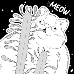 Coloring page. Antistress page. The fat white cat is eating a houseplant. Cozy and funny vector illustration.