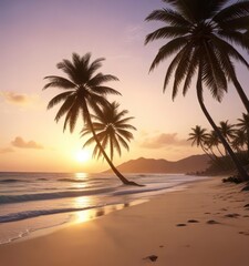 Fototapeta na wymiar Palm trees sway gently in the warm tropical breeze on a sandy beach at sunset, peaceful, ocean waves