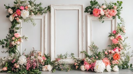 Fototapeta premium White wooden flower frame with a delicate floral touch