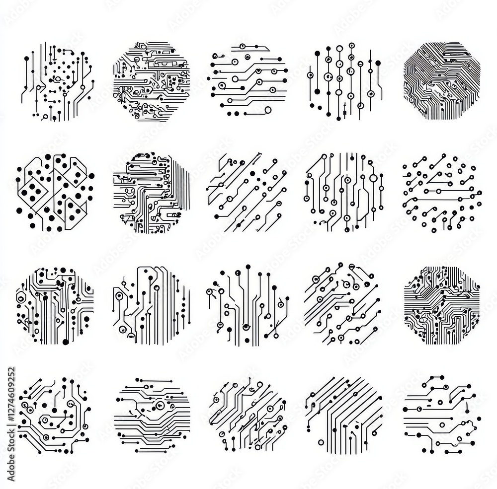 Poster circuit board circle frames, an abstract representation of digital round frames, incorporate hardwar
