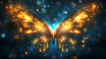 A pair of glowing, ethereal wings against a dark backdrop, with golden and blue hues. Celestial Light Wings. Illustration