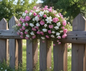 Fototapeta premium Pink and white floral garland wrapped around a wooden fence post , garden, rustic