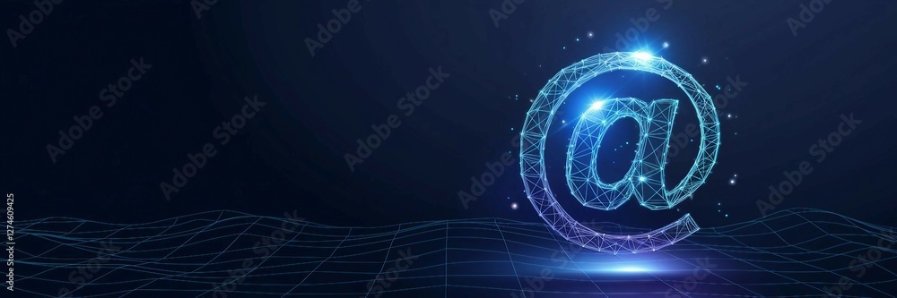 Poster high-tech digital @ email icon on a blue background. email communication, instant messaging, and glo